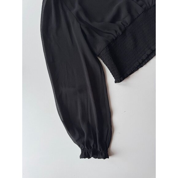 Aritzia WILFRED Wistful Black Chiffon Smocked Puff Sleeve V-Neck Blouse, Size S - Picture 8 of 15